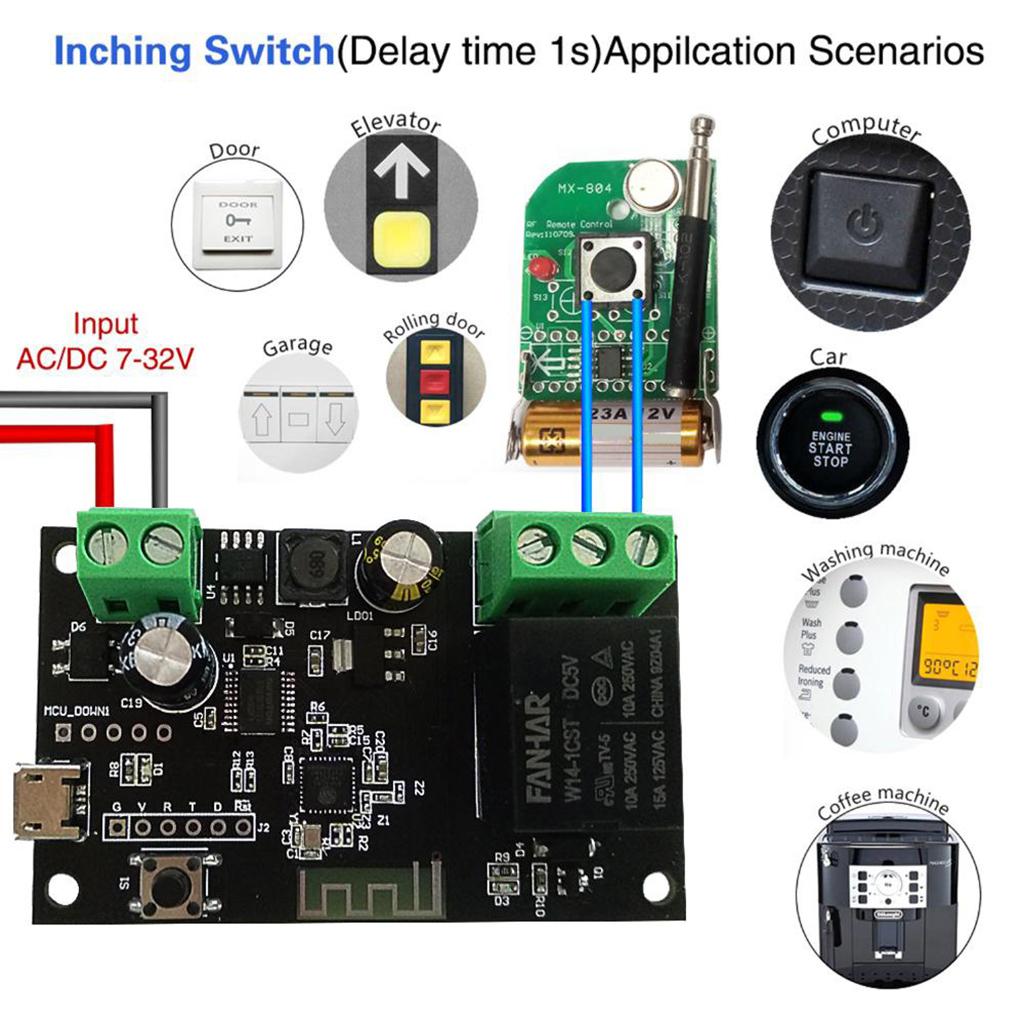 Wireless Inching WiFi Smart Switch Home Relay Module, 5V-32V, Self-locking