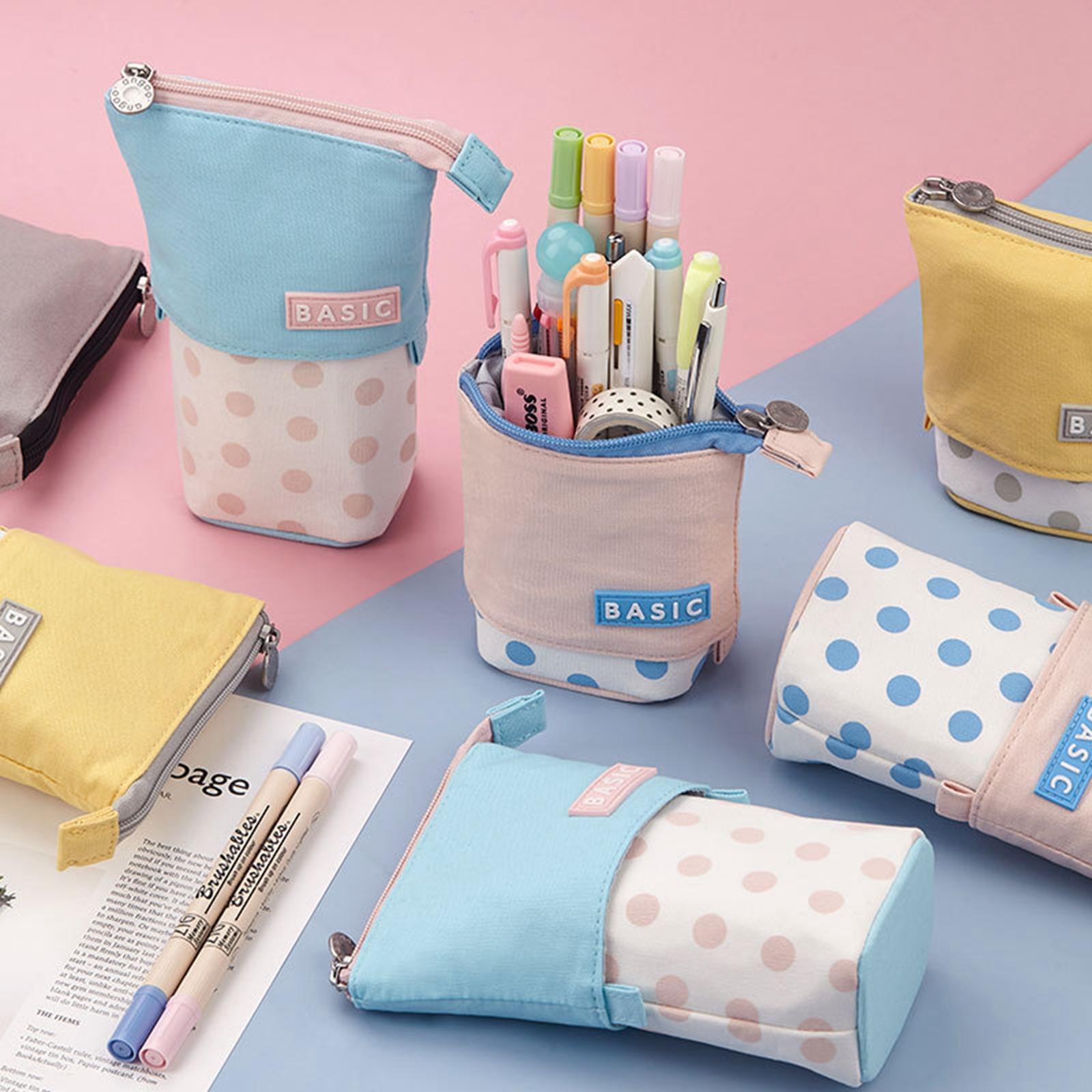 Pencil Telescopic Holder Bag Portable Canvas Cosmetic Pouch Gray Wave Point
