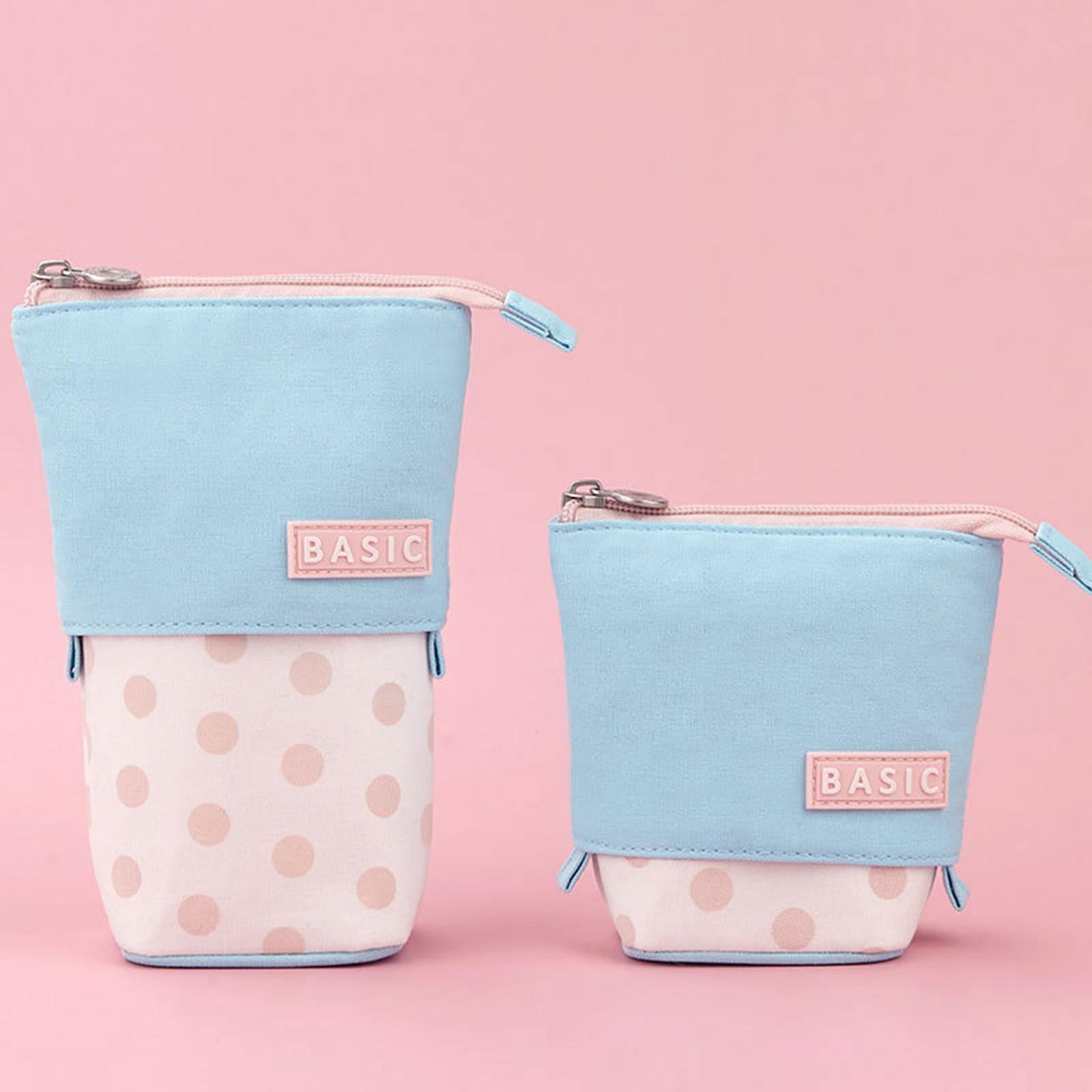 Pencil Telescopic Holder Bag Portable Canvas Cosmetic Pouch Pink Wave Point