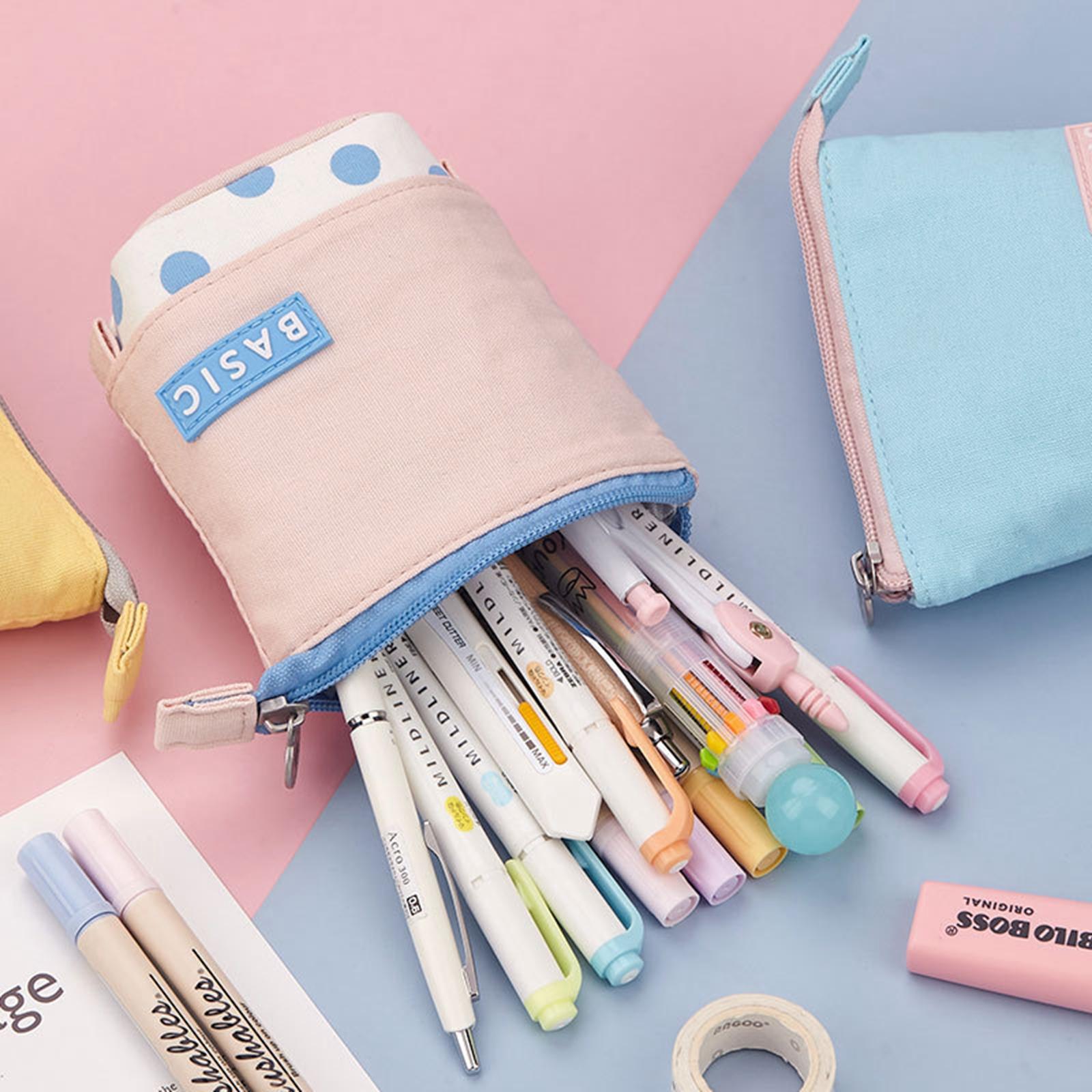 Pencil Telescopic Holder Bag Portable Canvas Cosmetic Pouch Pink Wave Point