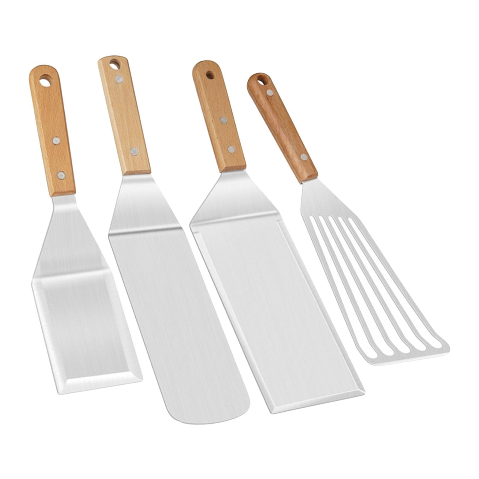 Metal Grill Spatula & Scraper Set Wooden Handle for Cutlets Cooking Baking 4pcs