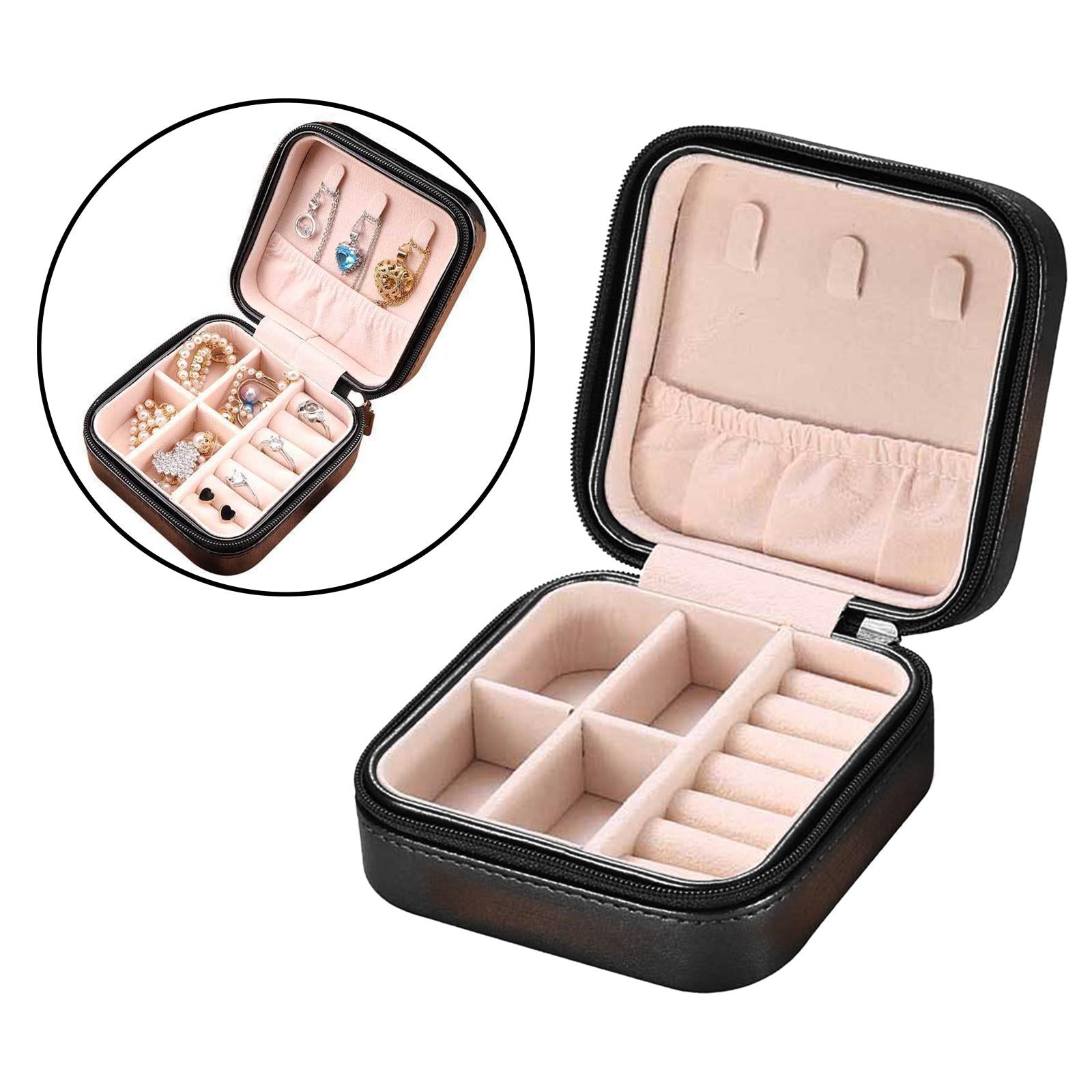 Small Travel Jewelry Organizer Compartment Leather Waterproof for Gift Gloss black