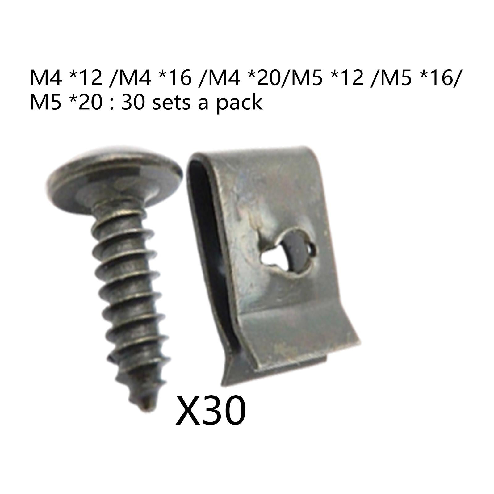 30pcs Car Motorcycle Plastic Cover Metal Retainer U-Type Clips and Screws M4X12