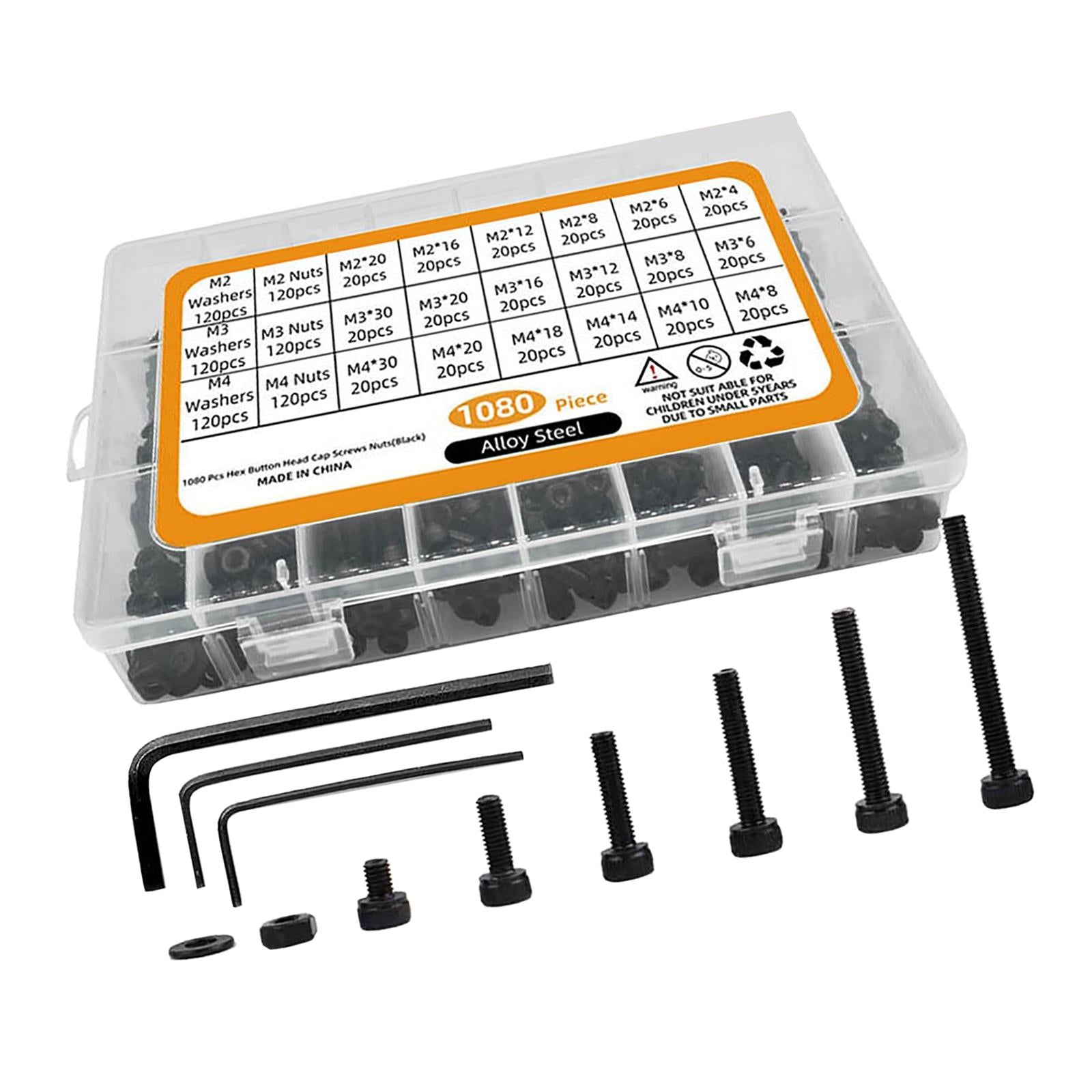 1080Pcs M2 M3 M4 Hex Socket Screws Nuts Flat Washer for Electrical Plumbing
