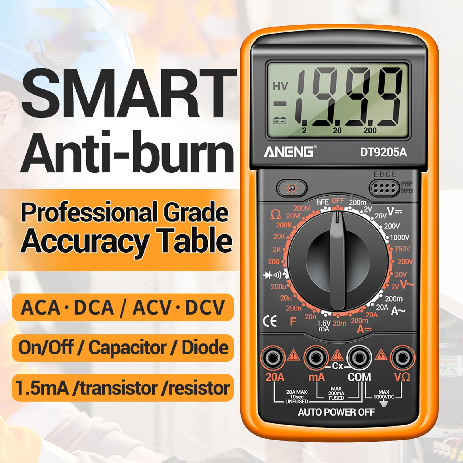 DT-9205A Handheld Digital Multimeter Continuity Test Diode Voltage Tester Yellow