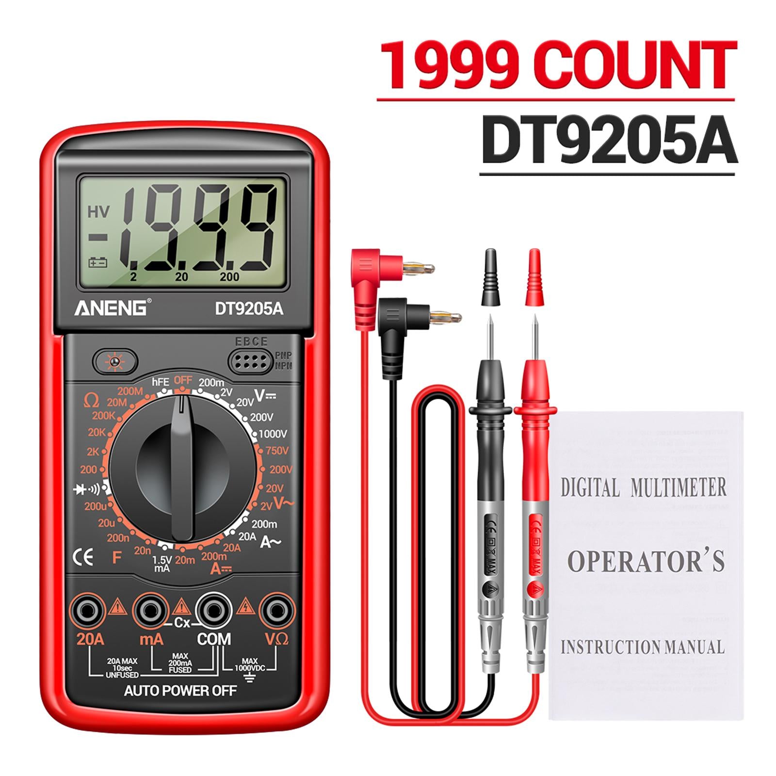 DT-9205A Handheld Digital Multimeter Continuity Test Diode Voltage Tester Red