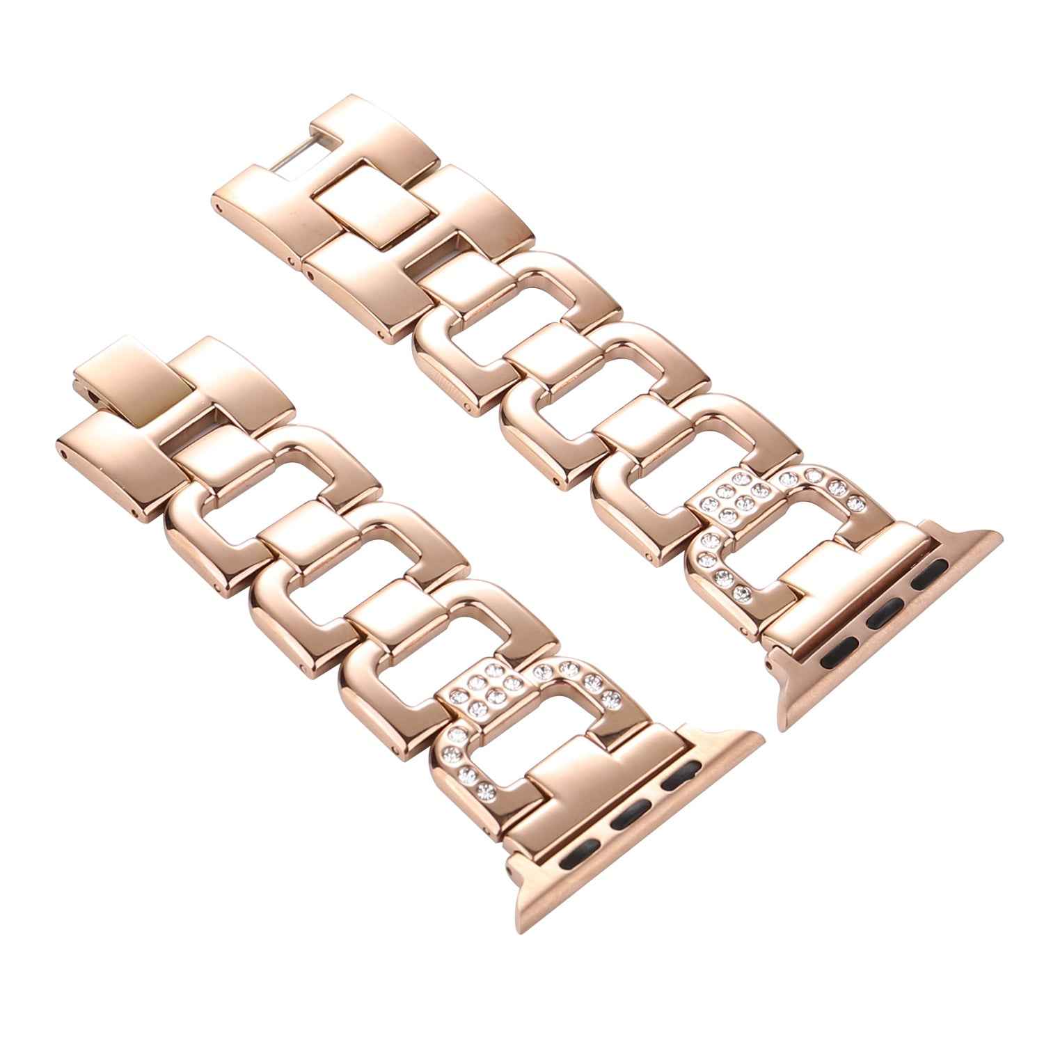 D-shape Rhinestone Decor Anti-rust Stainless Steel Watch Band Replacement for Apple Watch Series 8 7 41mm / Series 6 SE / SE(2022) 5 4 40mm / Series 3 2 1 38mm - Rose Gold