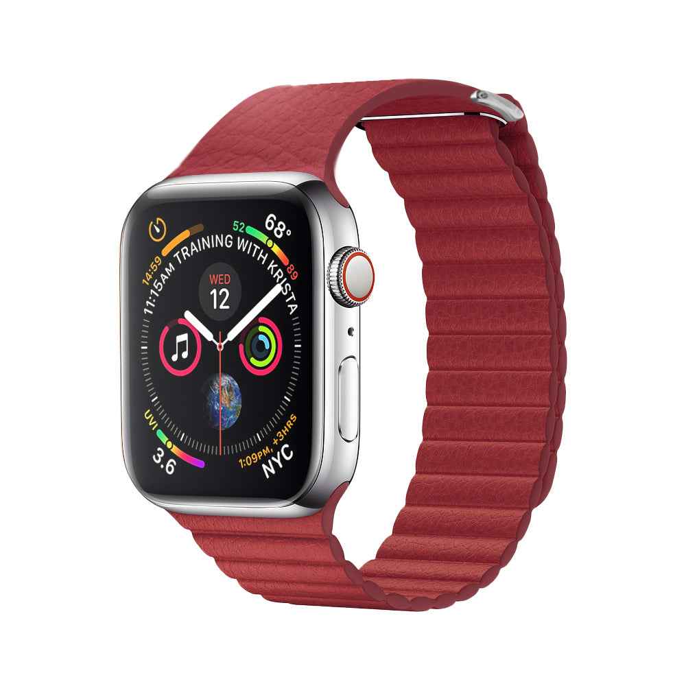 QIALINO Magnetic Loop Genuine Leather Watch Strap for Apple Watch Series 5 4 44mm, Series 3 / 2 / 1 42mm - Red