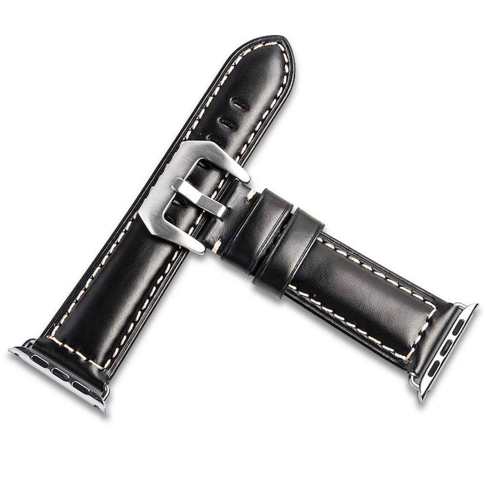 QIALINO Top Layer Cowhide Leather Watch Strap for Apple Watch Series 8 45mm / Ultra 49mm / 7 45mm / 6 / SE / SE (2022) / 5 4 44mm, Series 3 / 2 / 1 42mm - Black