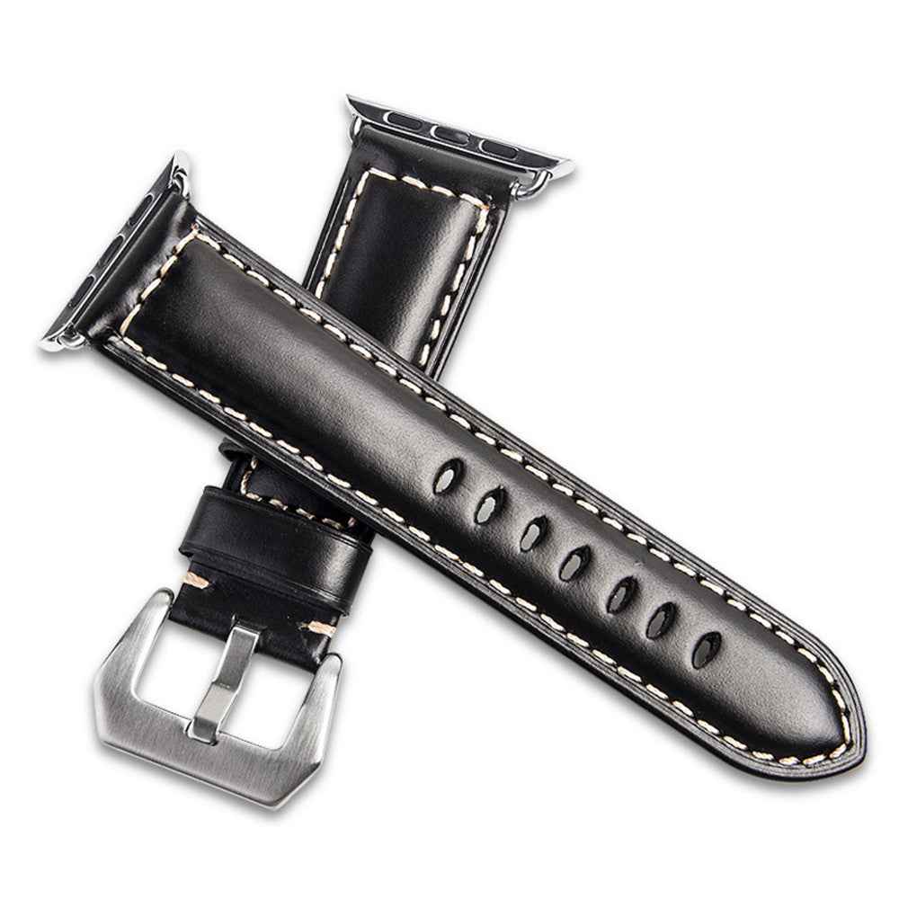 QIALINO Top Layer Cowhide Leather Watch Strap for Apple Watch Series 8 45mm / Ultra 49mm / 7 45mm / 6 / SE / SE (2022) / 5 4 44mm, Series 3 / 2 / 1 42mm - Black