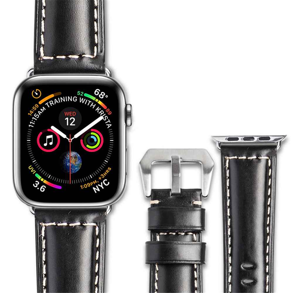 QIALINO Top Layer Cowhide Leather Watch Strap for Apple Watch Series 8 45mm / Ultra 49mm / 7 45mm / 6 / SE / SE (2022) / 5 4 44mm, Series 3 / 2 / 1 42mm - Black