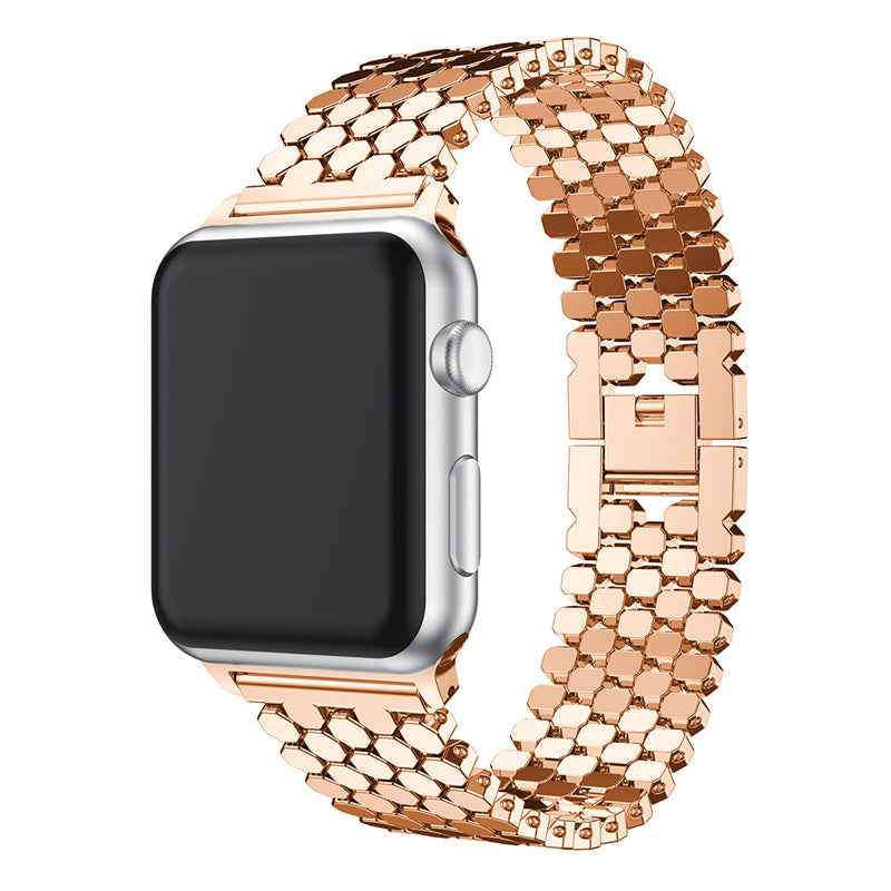 XINCUCO D-Button Buckle Stainless Steel Fish Scale Shape Watch Strap Band for Apple Watch Series 8 / 7 41mm / SE / SE(2022) / Series 6 / 5 4 40mm / Series 3 2 1 38mm - Rose Gold