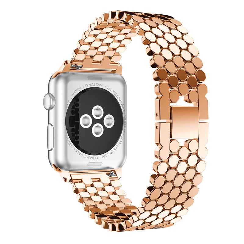 XINCUCO D-Button Buckle Stainless Steel Fish Scale Shape Watch Strap Band for Apple Watch Series 8 / 7 41mm / SE / SE(2022) / Series 6 / 5 4 40mm / Series 3 2 1 38mm - Rose Gold