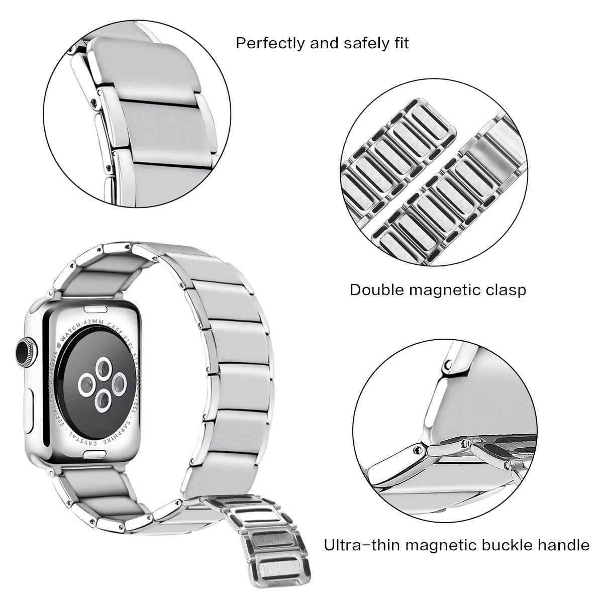 Magnetic Stainless Steel Watch Band for Apple Watch Series 8 45mm / Ultra 49mm / 7 45mm / Series 3 2 1 42mm / Series 6 SE / SE (2022) 5 4 44mm - Silver
