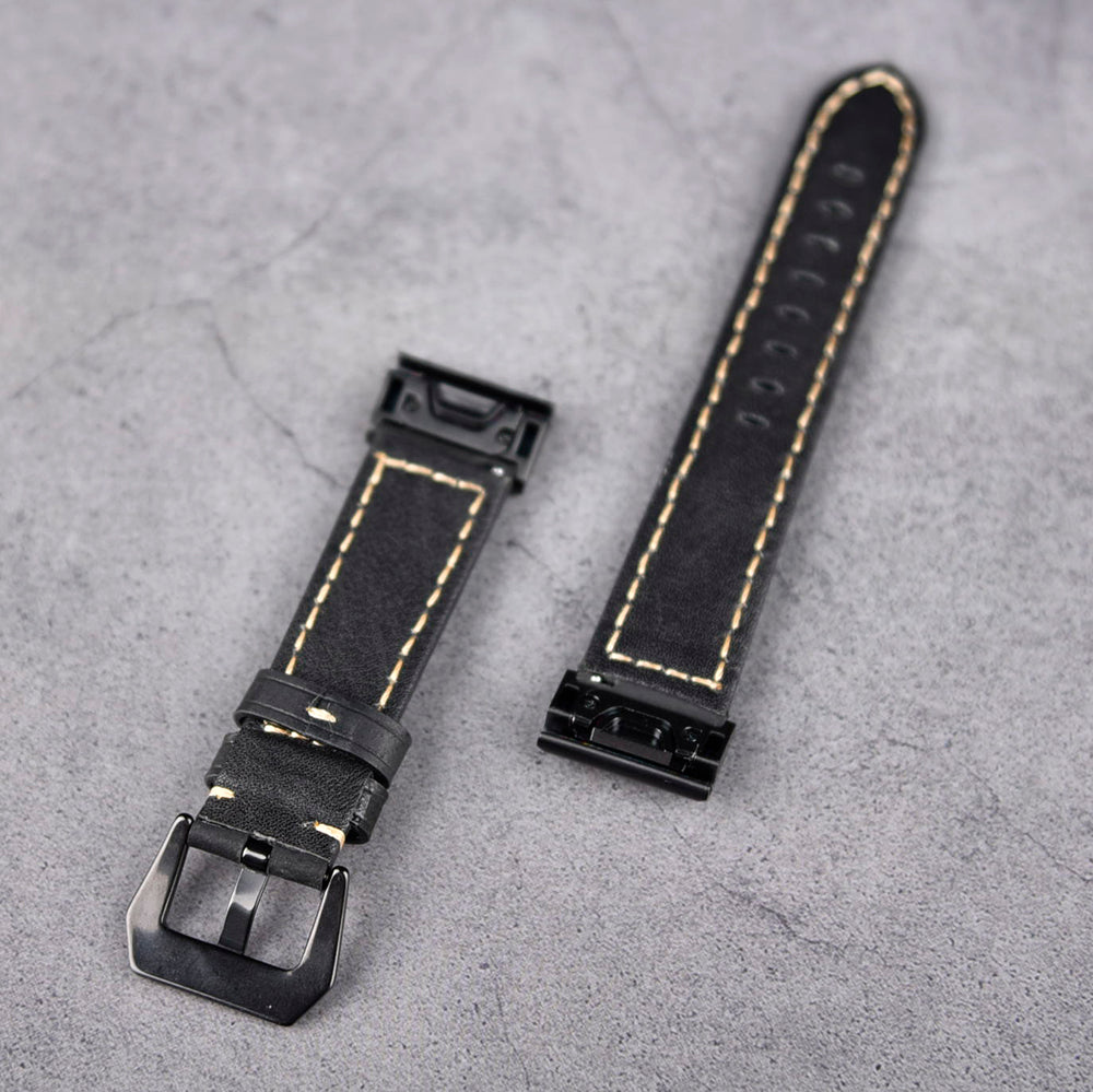 For Garmin Fenix 5 Genuine Leather Watch Band Crazy Horse Texture Replacement Strap - Black - UNIQBUY