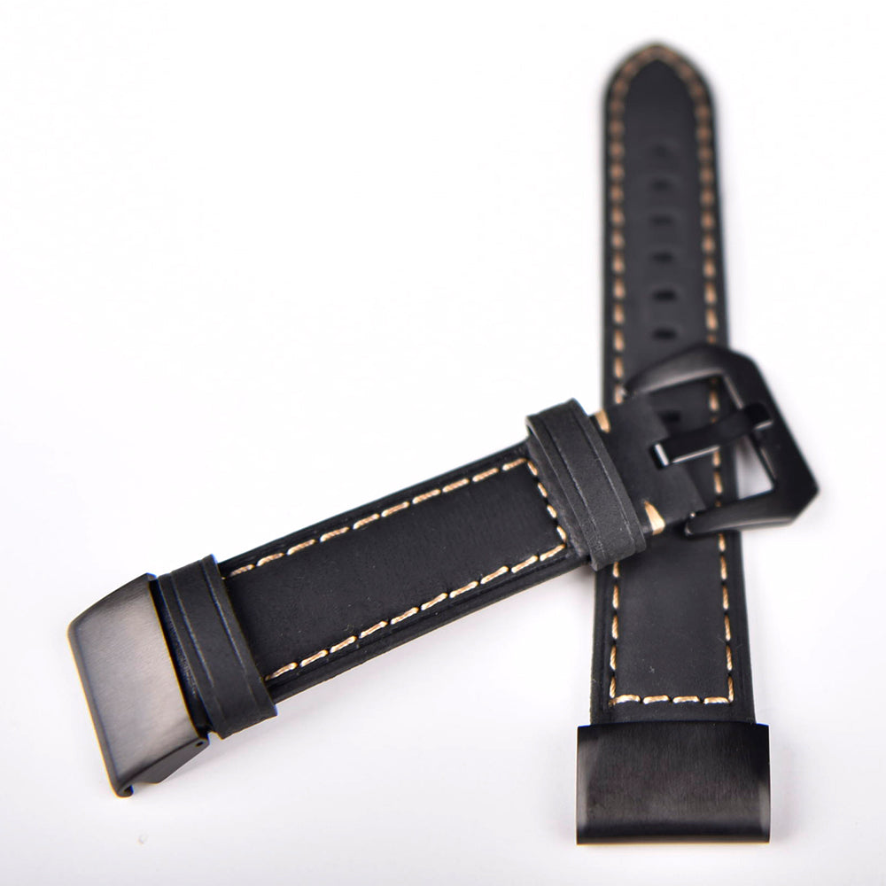 For Garmin Fenix 5 Genuine Leather Watch Band Crazy Horse Texture Replacement Strap - Black - UNIQBUY