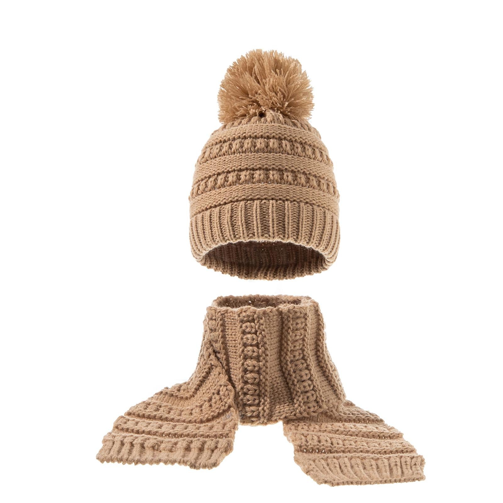 2Pcs Baby Winter Warm Hat Kids Knit Beanie Scarf Set Windproof Khaki 2PCS
