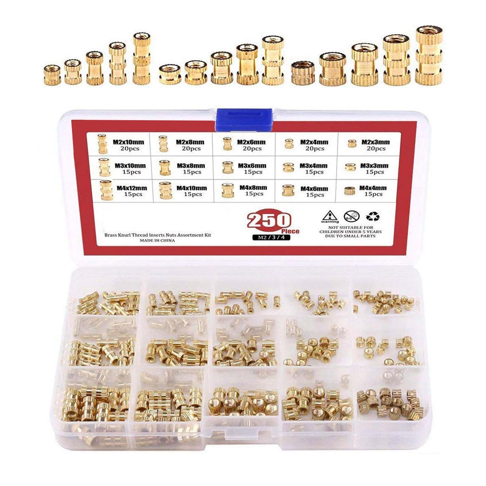 250pcs Copper Brass Knurl Insert Nuts Metric Threaded Assortment Set Kit