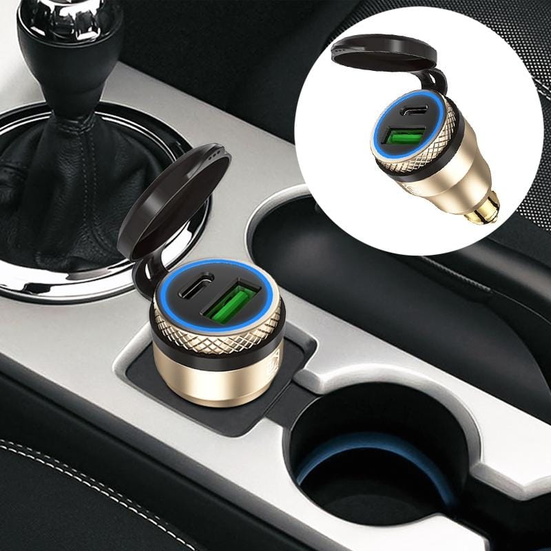 Motorcycle European-style Small-caliber Aluminum Alloy QC 3.0 + PD Fast Charge USB Charger, Shell Color:Gold (Blue Light)
