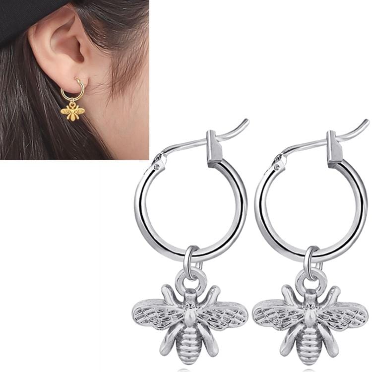 Stereoscopic Trend Cute Bee Hoop Pendant Earrings (Silver)