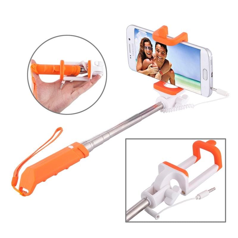 Portable Mini Wire Controlled Rainbow Selfie Stick Monopod Folding Extendable Pocket Handheld Holder for iOS & Android Phone, Folded Length: 15.5cm, Max Extension Length: 61.0cm (Orange)