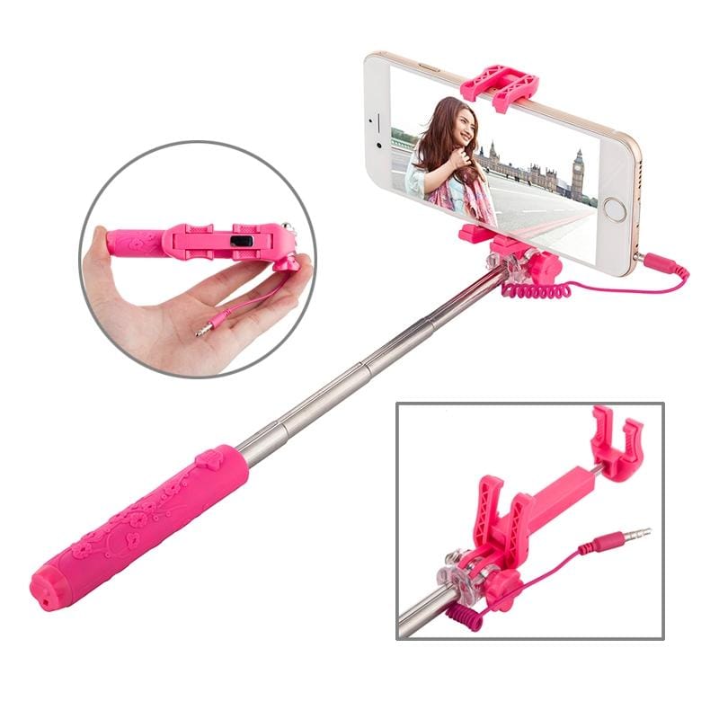 Portable Flower Pattern Wire Controlled Selfie Stick Monopod Folding Extendable Handheld Pocket Holder for iOS & Android Phone, Folded Length: 12.5cm, Max Extension Length: 70.0cm (Red)