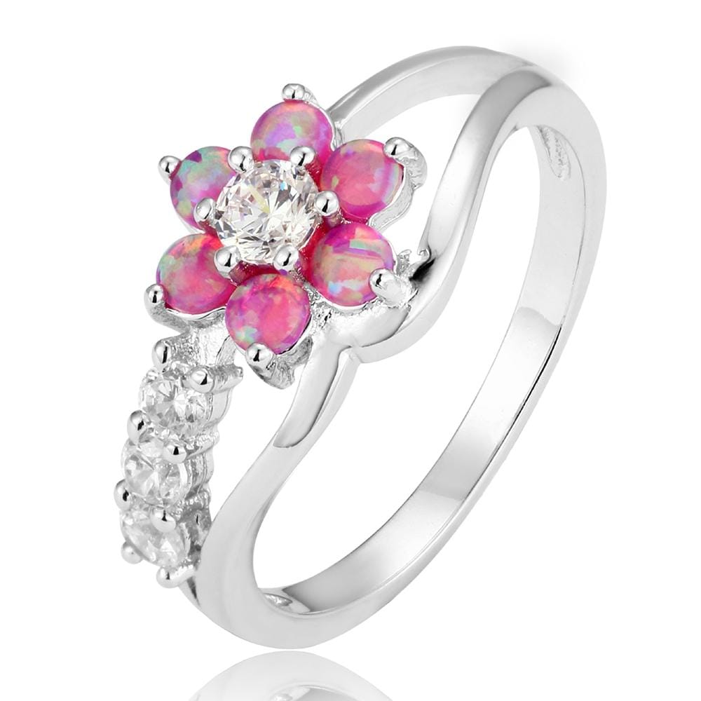 925 Silver Women Opal Flower Ring Jewelry, Ring Size:7 (Pink)