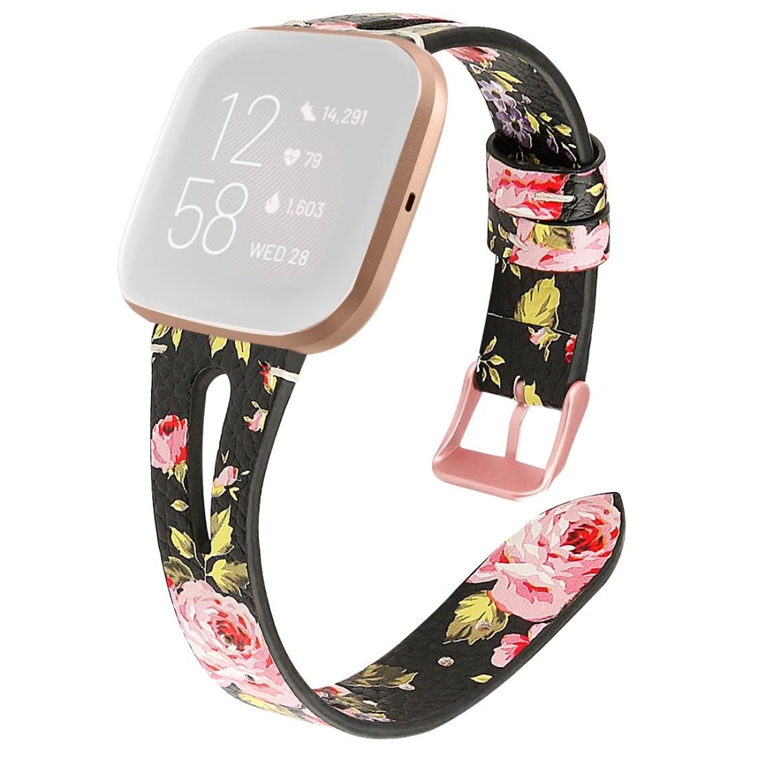 For Fitbit Versa 2 Leather Middle Opening Watch Strap (Black Pink Flower)