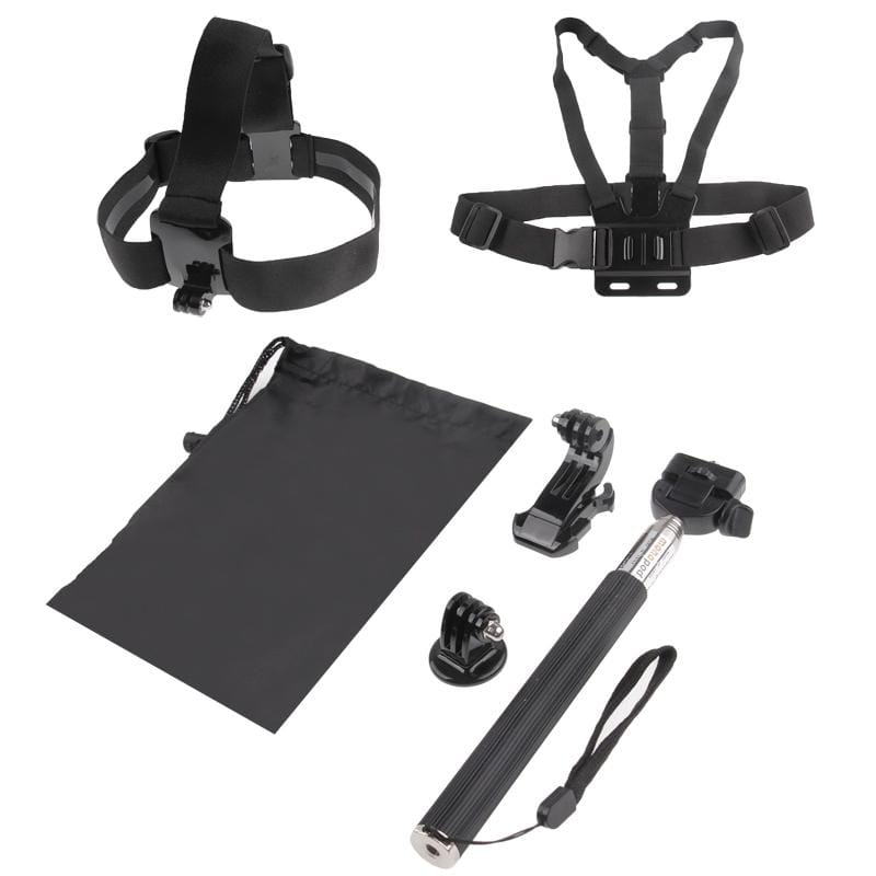 ST-143 6 in 1 Chest Strap  + Head Strap  + Monopod Pole + Tripod Adapter + J-shaped Bracket + Pouch for GoPro NEW HERO /HERO7 /6/ 5 /5 Session /4 /3+ /3 /2 /1 (Black)