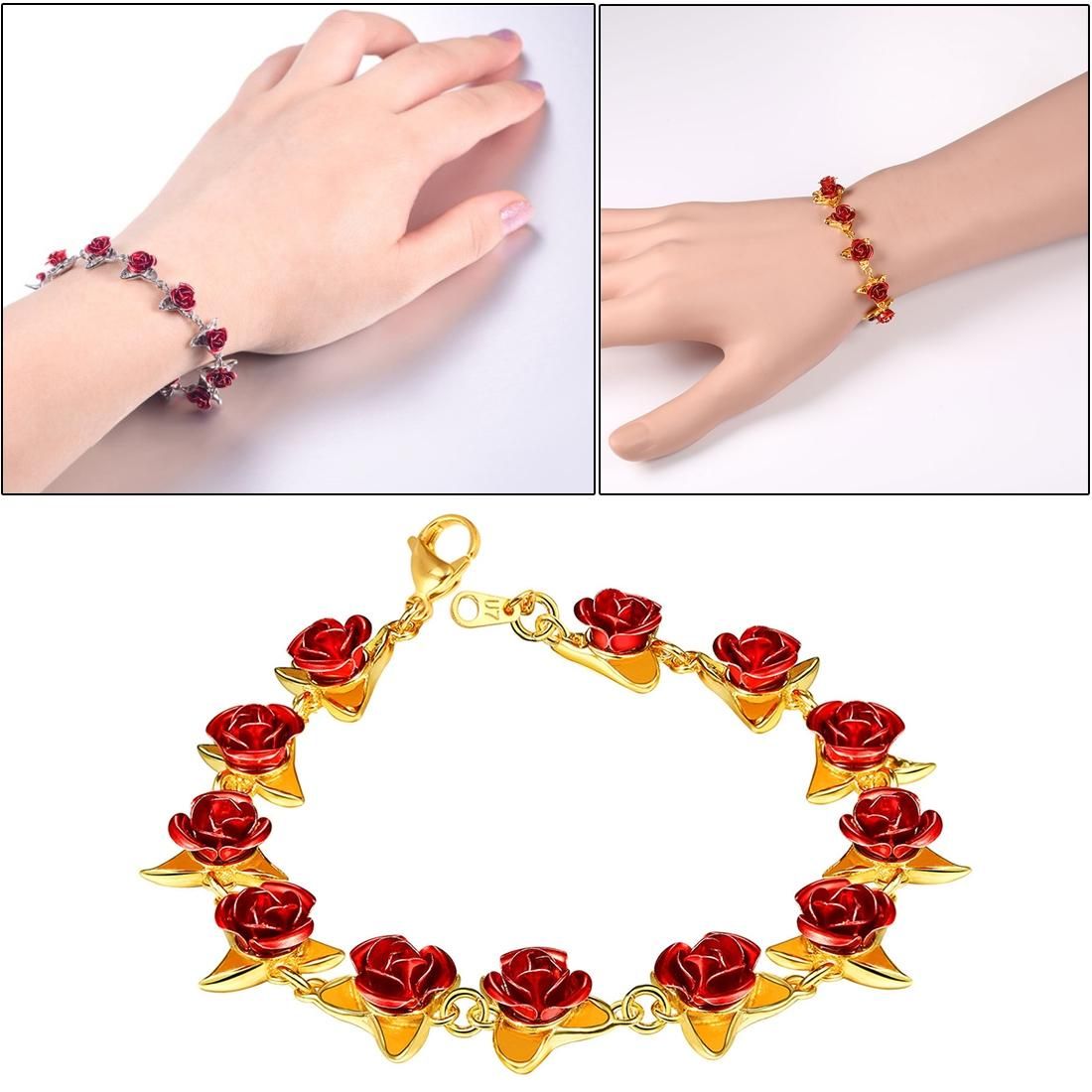 Bracelet Red Rose Flowers Wrist Chain Bracelets For Women (Gold )