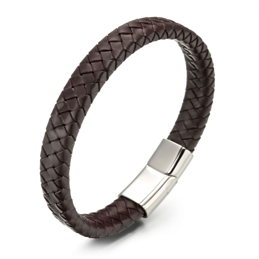 European and American Fashion Men Jewelry Hand Chain Classic Single Color Braided Genuine Leather Bracelet (Brown)