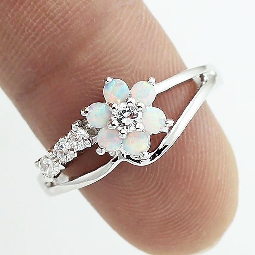 925 Silver Women Opal Flower Ring Jewelry, Ring Size:9 (Blue)