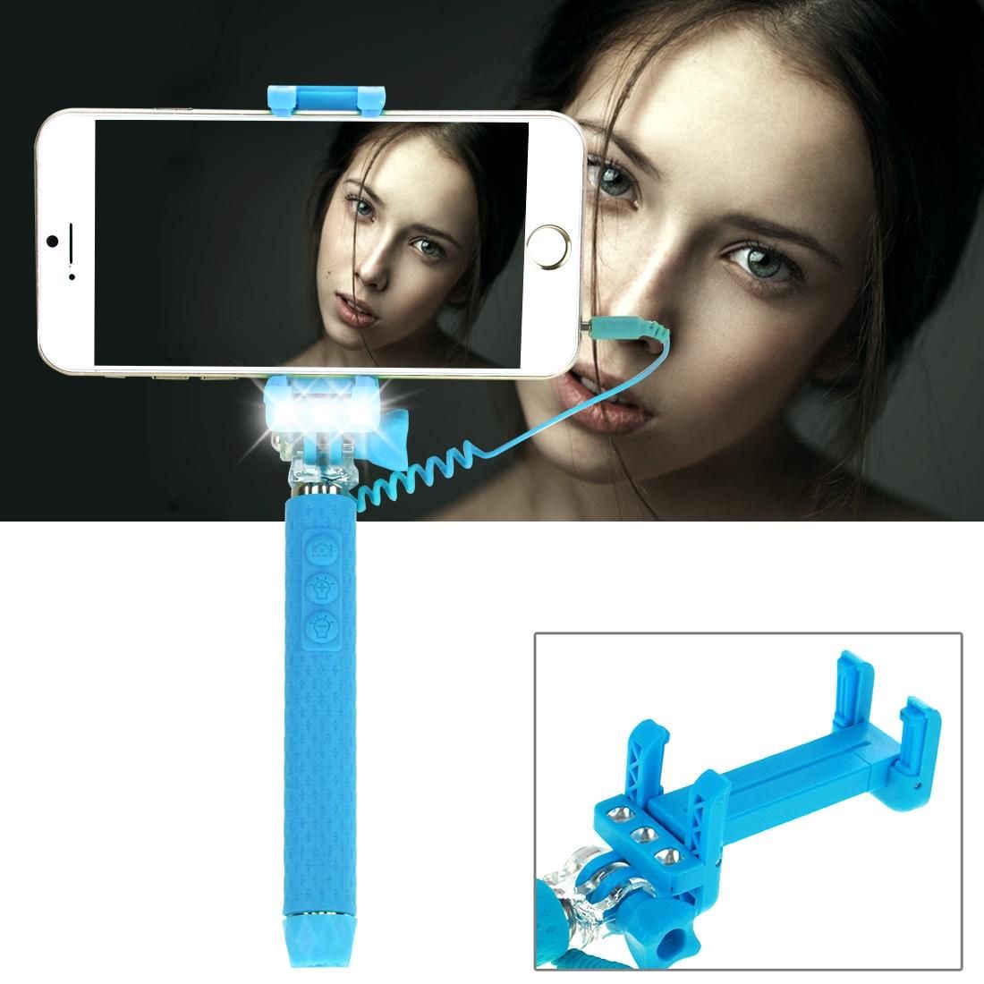 Portable Wire Controlled Monopod Folding Extendable Handheld Pocket Holder Selfie Stick with Sync LED Flash Light  for iOS & Android Phone, Folded Length: 13.5cm, Max Extension Length: 70.0cm (Blue)