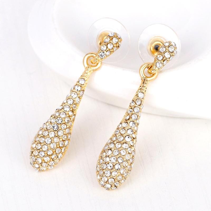 3 in 1 PCS Women Simple Alloy Full Rhinestone Drop Long Pendant Necklace Earrings Jewelry Set (Gold)