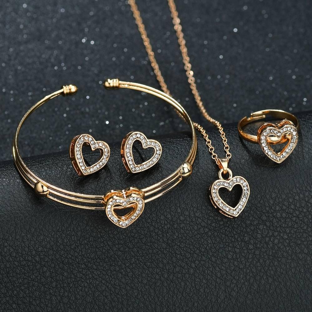 4 PCS/Set Cute Girls Heart Shape Neclace Earrings Ring Jewelry Sets