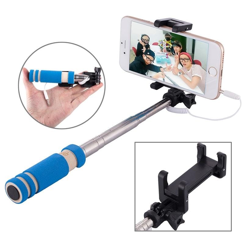 Mini Wire Controlled Selfie Stick Monopod Folding Extendable Pocket Handheld Holder for iOS & Android Phone, Folded Length: 13.5cm, Max Extension Length: 48.0cm (Blue)