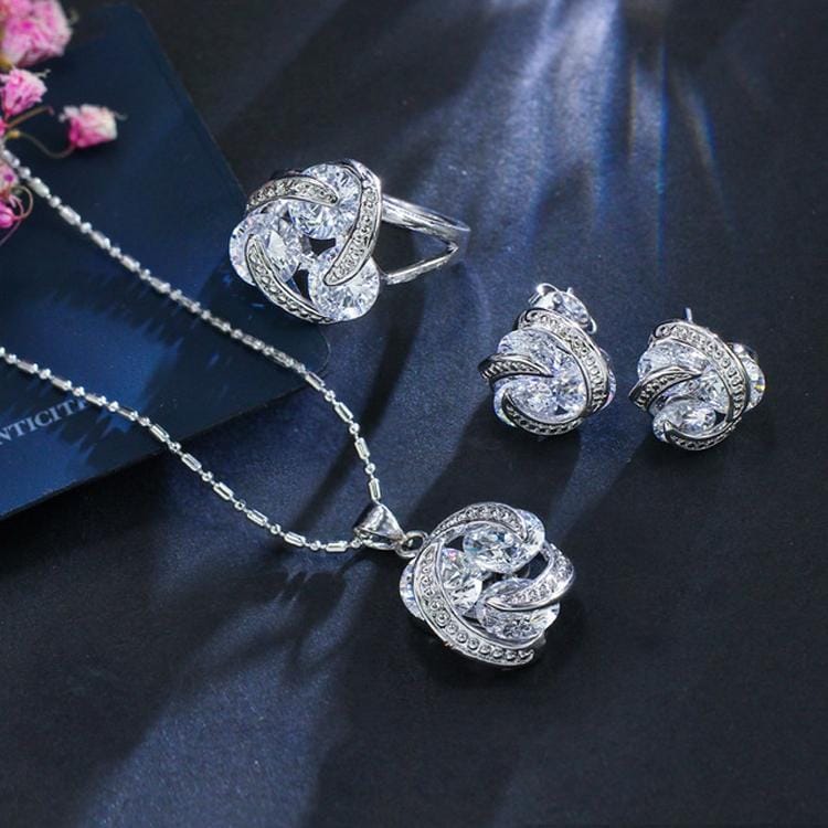 Fashion Cubic Zirconia Knot Earrings Necklace Ring Set for Women, Ring Size:8 (Multi-color)