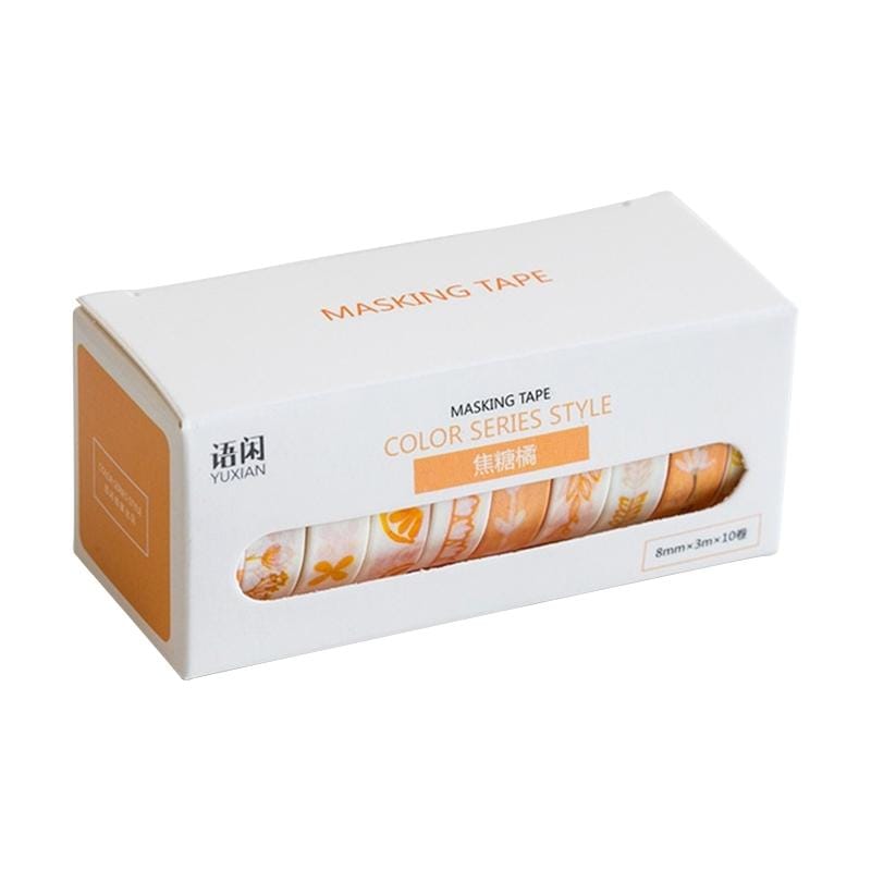 10 PCS  Mohamm Leaves Foil Grid Floral Cute Masking Washi Tape Set (Orange)