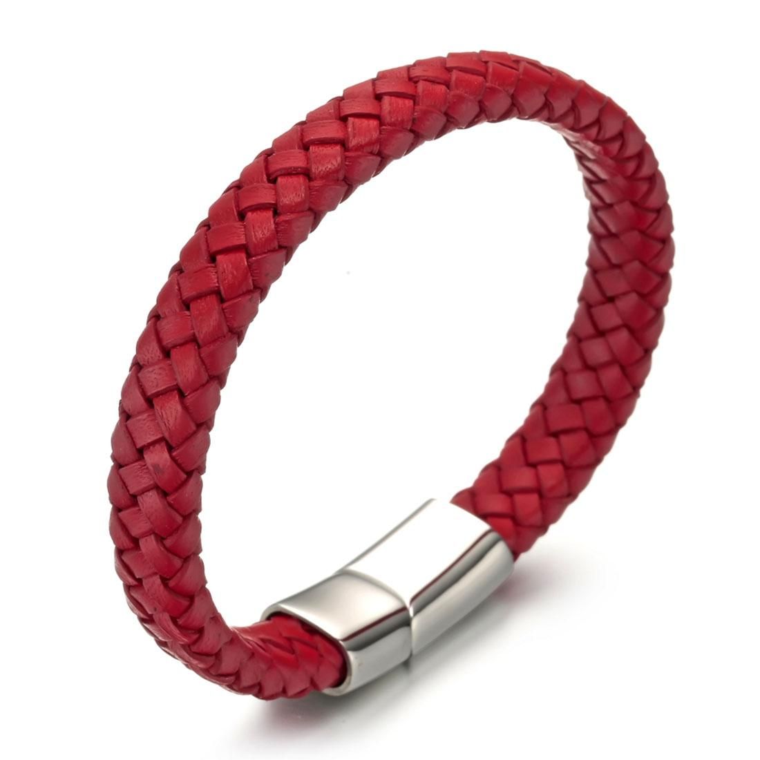 European and American Fashion Men Jewelry Hand Chain Classic Single Color Braided Genuine Leather Bracelet (Red)