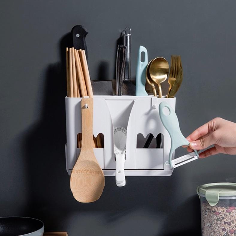 Wall-mounted Seamless Multi-function Chopstick Cage Drain-free Dust-proof Tableware Storage Rack (White)