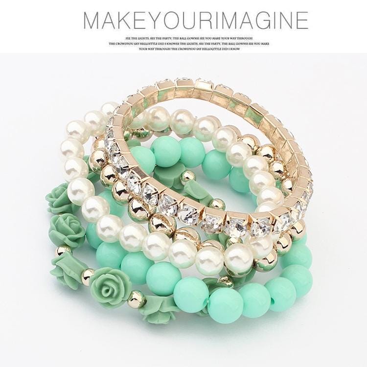 Bohemian Fashion Candy Color Pearl Rose Flower Multilayer Beads Stretch Charm Bracelet (green)