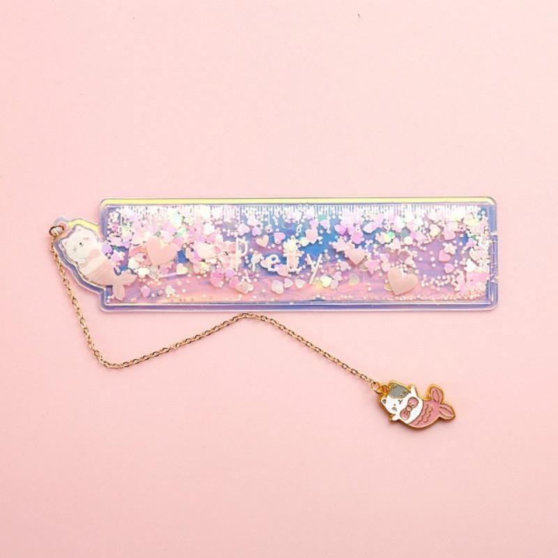 Cute Cartoon Quicksand Drawing Ruler Student Pendant Bookmark Stationery (Pink Fishtail Meow)