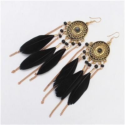 Vintage Ethnic Style Feather Chain Tassel Earrings jewelry (Black)