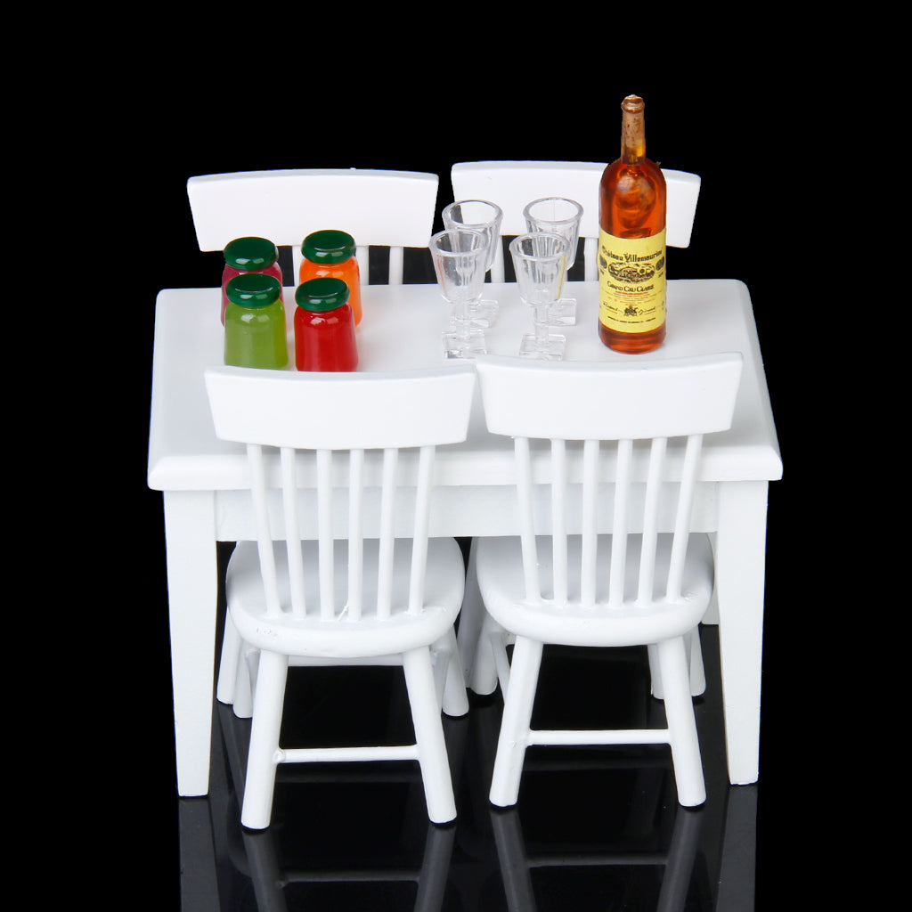 4 Sets 1/12 Dollhouse Miniature Wooden Kitchen Cabinet Table Chair Bookshelf