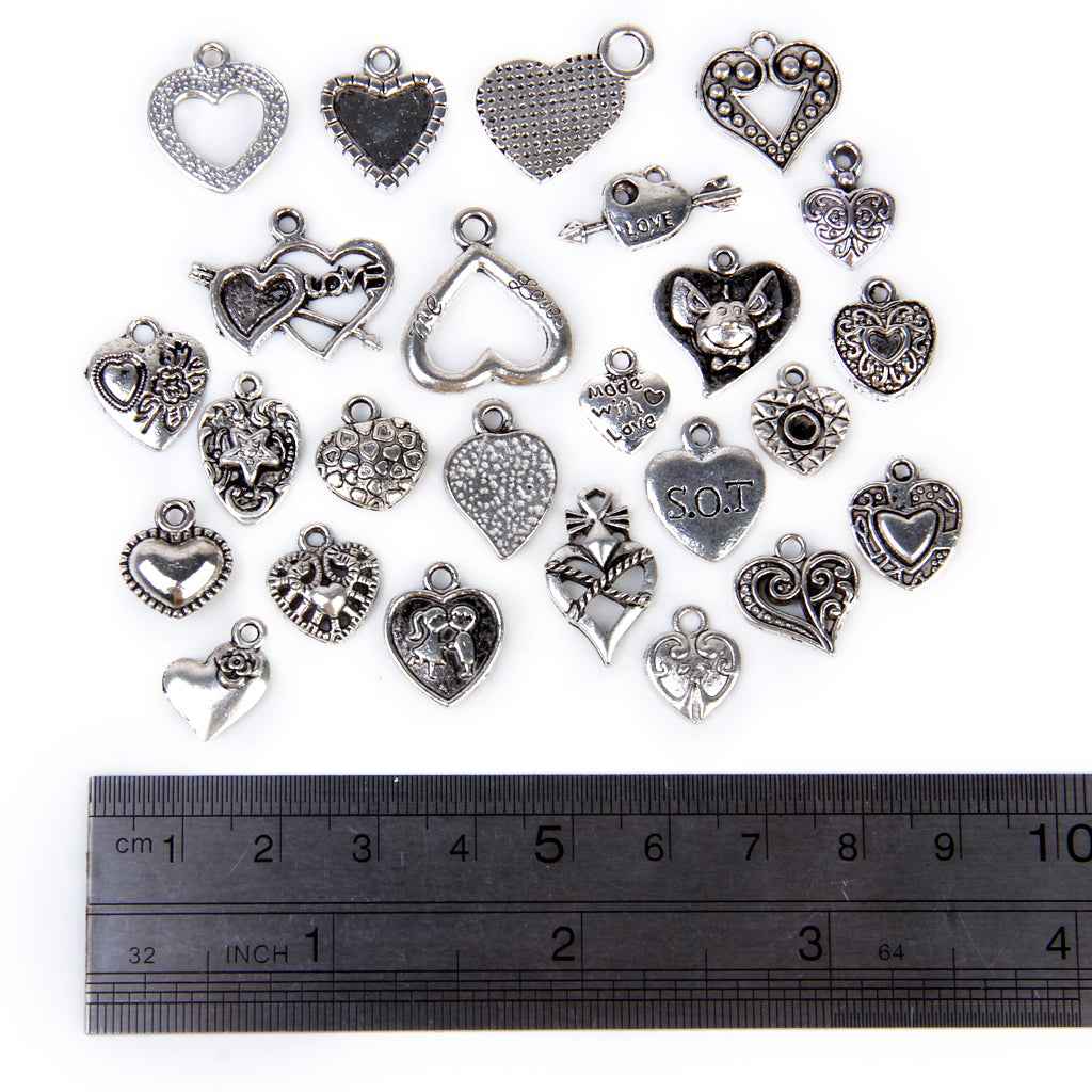 Alloy Silver Assorted Heart Shapes DIY Charms Pendants Beads Bulk Pack of 25
