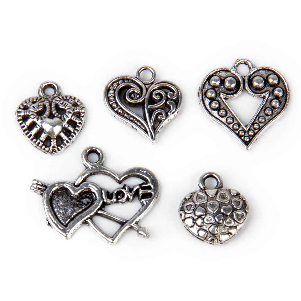 Alloy Silver Assorted Heart Shapes DIY Charms Pendants Beads Bulk Pack of 25