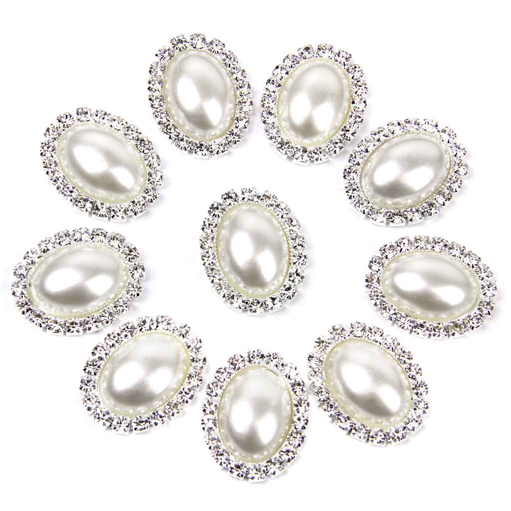 10pcs Oval Crystal Beige Faux Pearl Button Flatback Embellishment 20mm x 25mm