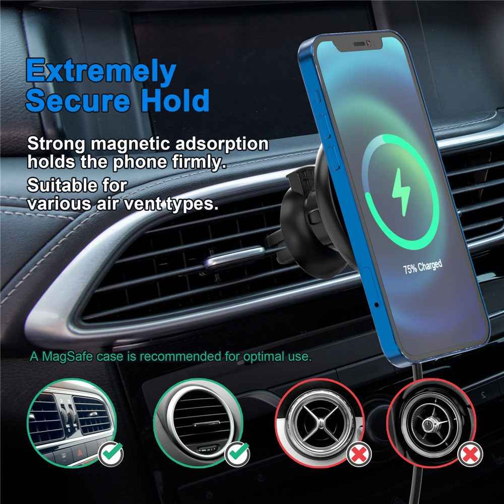 MRIOWIZ M-2002W 15W Car Air Vent Magnetic Wireless Charger Compatible with MagSafe with USB+Type-C Port Holder for iPhone 12 / Samsung