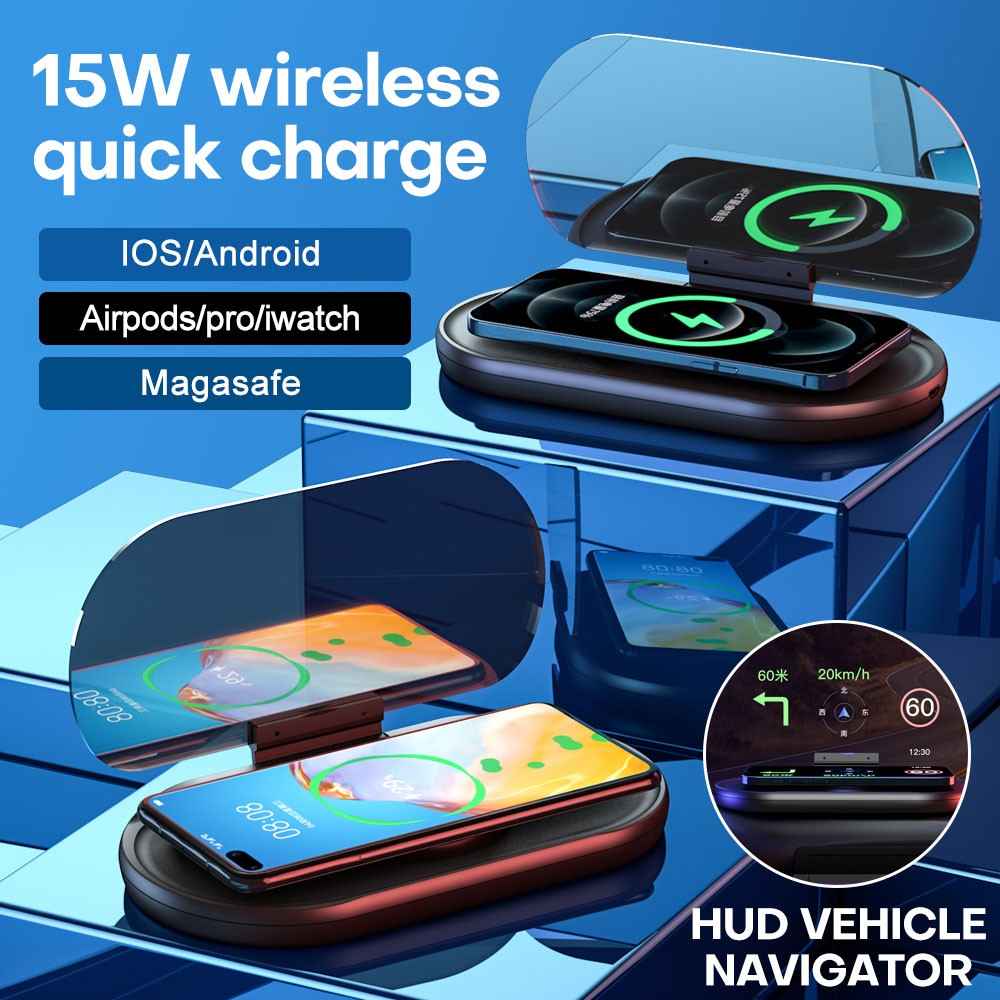 Upgraded Magnetic 15W Fast Charging Station HUD HD Anti-slip Car Wireless Charger with Phone Holder