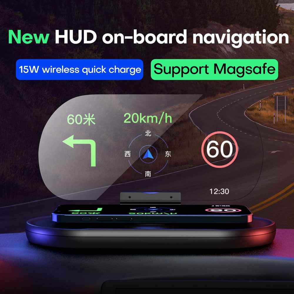 Upgraded Magnetic 15W Fast Charging Station HUD HD Anti-slip Car Wireless Charger with Phone Holder
